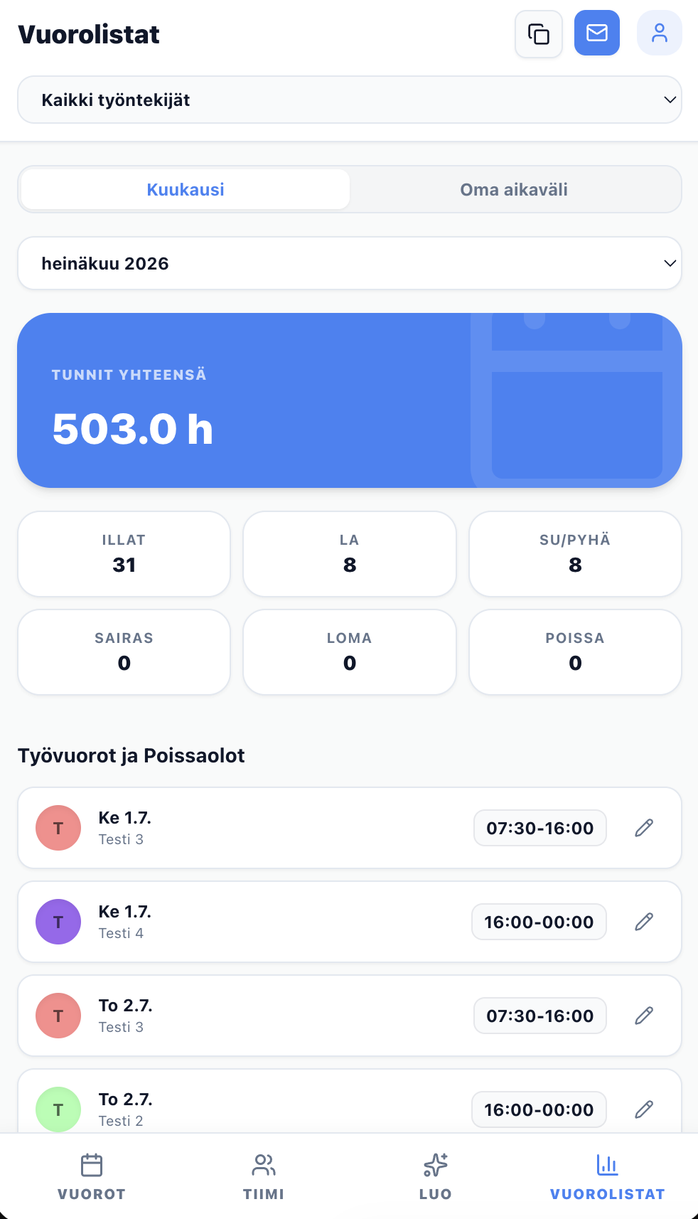 VuoroPro puhelinnäkymä